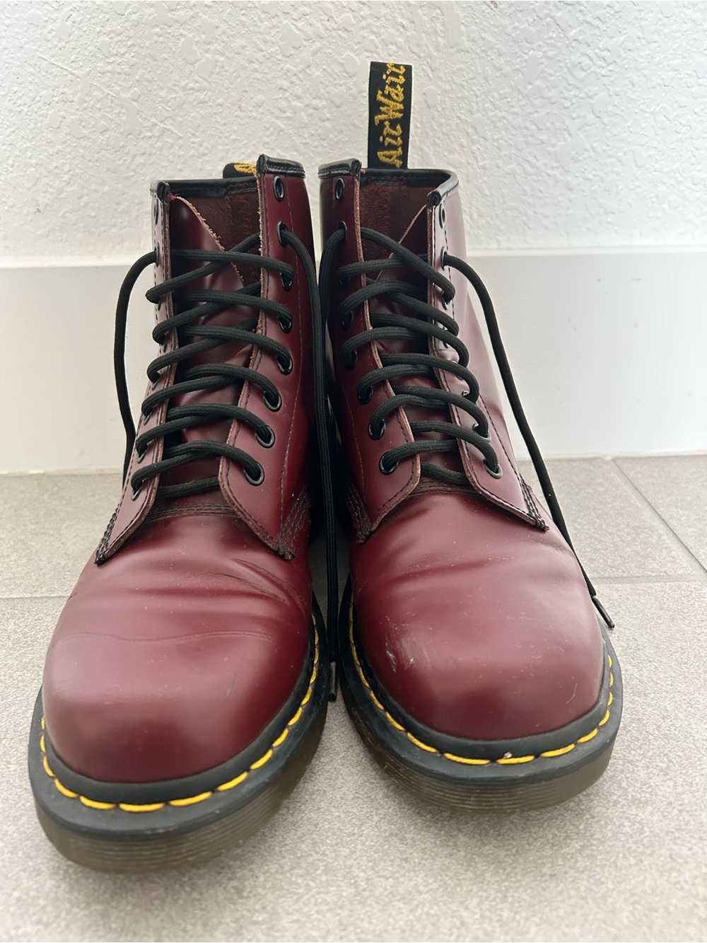 Dr. Martens Men's 8-Eye Cherry Red Leather Boots with Yellow Stitching